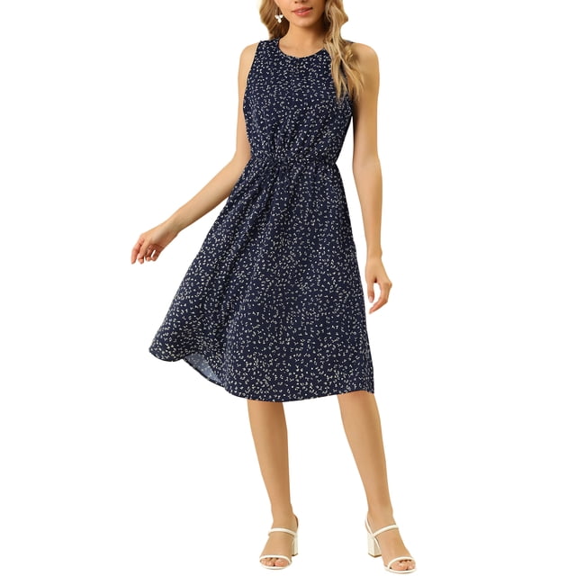 INSPIRE CHIC Robe Midi à Fleurs pour Femme Été Décontractée Invitée de Mariage Sans Manches m Bleu Foncé