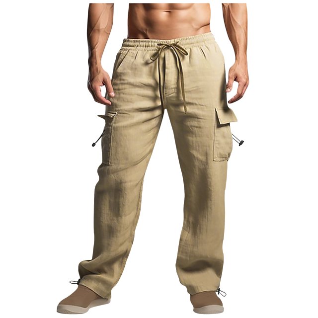 XZNGL Mens Cotton And Linen Drawstring Elastic Waist Multi-Pocket Casual Crgo Pants