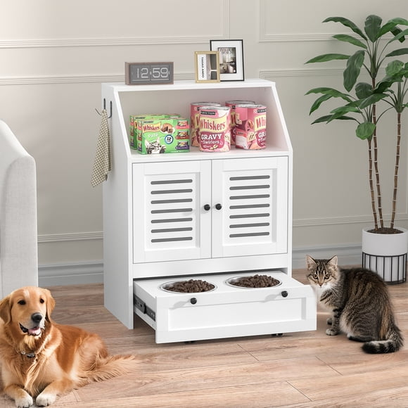 Eumyviv Station d'Alimentation pour Chien, Meuble d'Armoire Alimentaire avec 2 Bols Surélevés pour Chien, Armoire de Rangement pour Nourriture pour Animaux, Contenant pour Fournitures d'Alimentation et d'Arrosage, Blanc, GT046