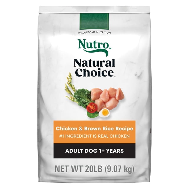 Nutro Natural Choice Adult Dry Dog Food Chicken & Brown Rice Recipe 20lb (9.07 kg) bag featuring real chicken as the first ingredient, formulated for adult dogs 1 year and older to support healthy immunity, skin, coat, and digestion with natural fibers and antioxidants.