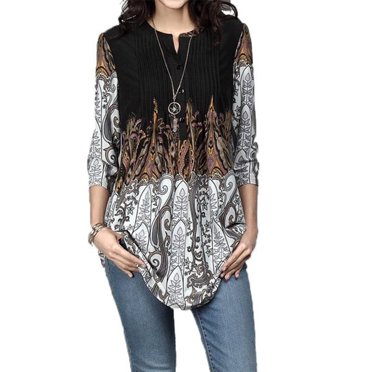 fashionhome European and American ladies printed round neck pleated Sleeve Tunic Shirt T-shirt black -4 + L