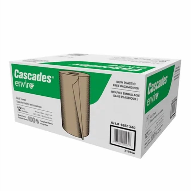Cascades Enviro Hand Paper Towel Roll, 12-pack, displayed in a cardboard box with green and white branding. The packaging emphasizes eco-conscious features like 100% recycled fiber and compatibility with universal dispensers. Ideal for restrooms, kitchens, and high-traffic areas, these 1-ply towels offer reliable hand-drying performance.