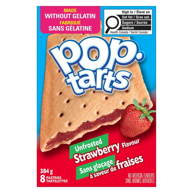 Pop-Tarts® Unfrosted Strawberry Flavour Pastries box showing a close-up of a golden toaster pastry with strawberry filling and a fresh strawberry on a red and blue background, containing 8 pastries weighing 384 g, made without gelatin and ideal for a quick snack or breakfast.