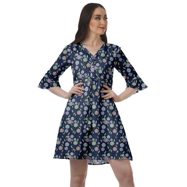 Moomaya Robe Décontractée en Poly-Crêpe pour Femmes, Imprimée, à Col en V, Mini-Robe à Cordon