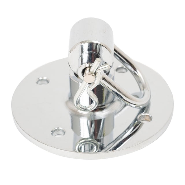 GoZone Speed Bag Swivel – Steel – Silver, a polished steel circular swivel mount with four predrilled screw holes for ceiling attachment, featuring a spring clip and connecting loop for secure speed bag mounting and 360-degree rotation, suitable for compact home boxing gyms.