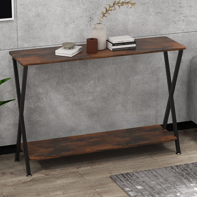 QinaQin Industrial Farmhouse Console Table, Long Narrow 2-Tier Entryway Table with Storage Shelf for Hall, Foyer or Behind Sofa