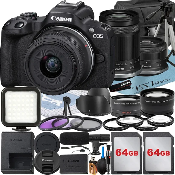 Canon EOS R50 Appareil Photo Sans Miroir avec Objectif RF-S 18-45mm + 18-150mm + Lot de 2 Cartes Mémoire 64 Go + Étui + Accessoire ZeeTech