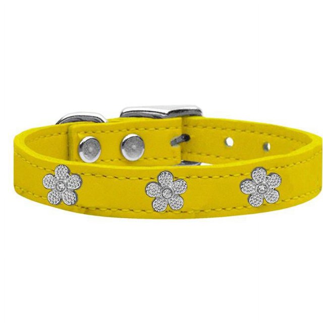 Silver Flower Widget Genuine Leather Dog Collar Yellow 12