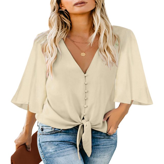 CHUANK Women‘s Button Down V Neck Tops Ruffled 3/4 Sleeve Tie Knot Front Blouses White Sizes S-2XL