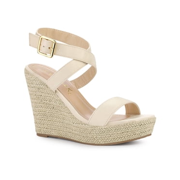 BLISSFUL STEP Chaussures pour Femmes Sandales Espadrilles à Talon Compensé Slingback à Brides Croisées Beige 7,5