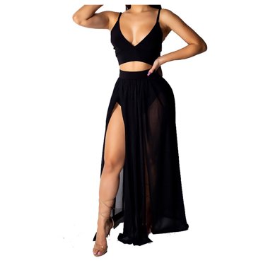 Leutsin Women Solid Overlapping Sleeveless Tank Fork Opening Skirt 2 Set Piece