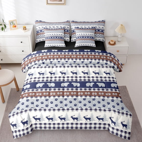 Rustic Checkered Buffalo Plaid Bed in a Bag Twin,Kids Bear Deer Hunting Comforter Set 7 Piece,Wildlife Safari Animal Bedding Sets,Brown Blue Woodland Sheet Set with Comforter,Soft Cozy