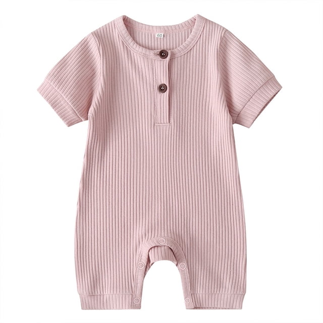 Wangsaura Newborn baby short-sleeved solid color knitted ribbed buttonjumpsuit