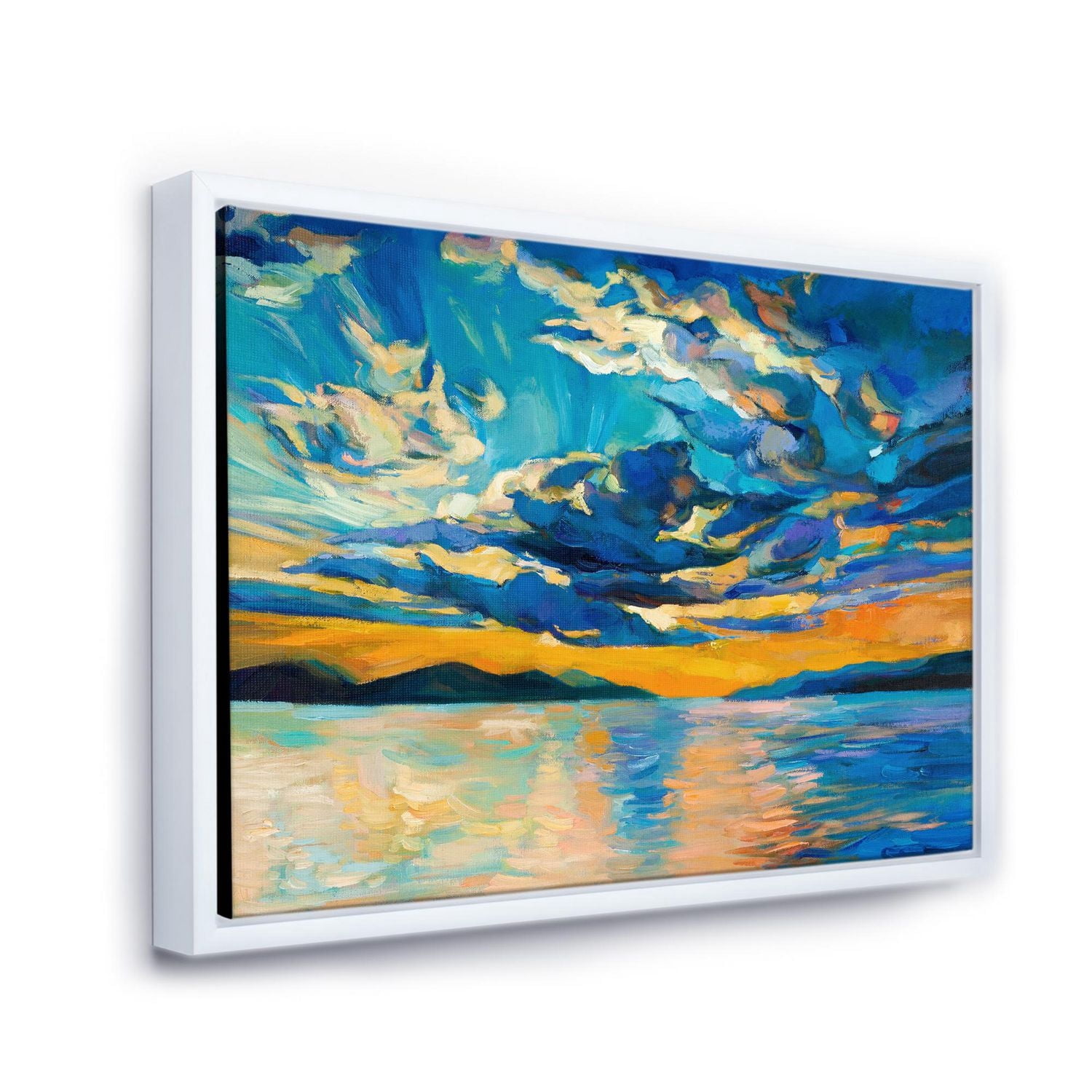 Designart Nuageux grand ouvert coucher de soleil sur l'horizon l'océan ART MURAL À CADRE FLOTT
