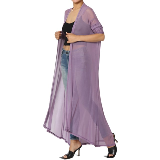 TheMogan Cardigan Long à Manches Longues en Maille pour Femmes Mi-Mollet Caftan Transparent