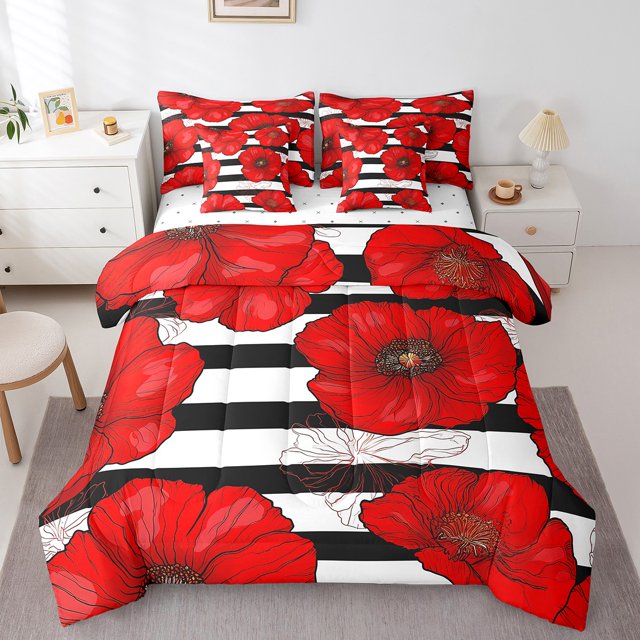 Ensemble de Douillette Simple à Fleurs de Coquelicots Rouges, 7 Pcs en Microfibre Douce à Rayures Noires et Blanches avec Drap-Housse, Drap Plat, 2 Couvre-Oreillers et 2 Taies d'Oreiller - Ensembles de Literie Florale de Plantes de Jardin