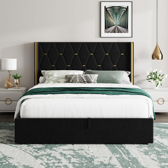 AKDSteel Lift Up Storage Bed Frame With Gold Wingback Headboard, Velvet Upholstered Platform With Diamond Tufted Design And Hydraulic Lift, No Box Spring Needed