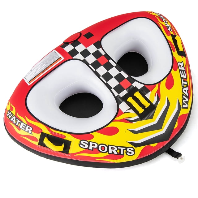 Costway Towable Tube for Boating 1 or 2 Person Inflatable Boat Tube in red, designed for water sports enthusiasts. Features two cockpit seating areas with foam padded handles and reinforced stitching for secure gripping. Made with durable PVC bladder and nylon covers, it supports up to 340 lbs. Includes a front towing connector for easy attachment and a drainage opening for smoother rides. Ideal for lakes, rivers, and oceans.