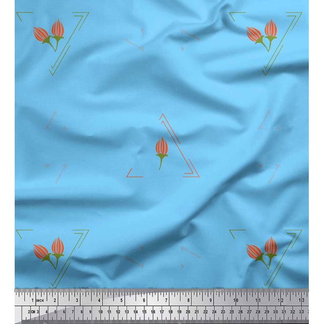 Soimoi Blue polyester Crepe Fabric Flower Buds & Triangle Geometric Decor Fabric Printed Yard 52 Inch Wide