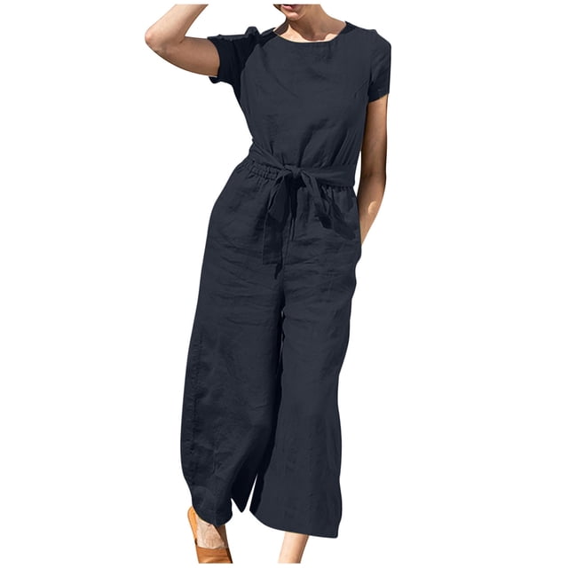 Yuyuzo Women Cotton Linen Jumpsuits Summer One-Piece Outfits Short Sleeve Wide Leg Long Pants Rompers