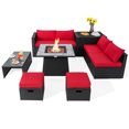 thumbnail image 1 of Patiojoy 9 Pieces Outdoor PE Rattan Wicker Sectional Sofa with 35-Inch Gas Fire Pit Table Space-Saving Patio Conversation Set with Storage Box Red, 1 of 10