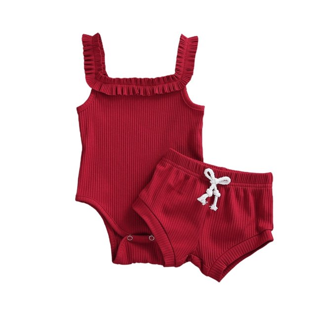 Ensemble Court 2 Pcs pour Tout-Petites Filles, Barboteuse Sans Manches à Encolure en U de Couleur Unie + Pantalon