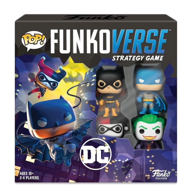 Funkoverse™ Strategy Game: DC 4-Figure Pack board game set with Pop! figures of Batman, Batgirl, Harley Quinn, and The Joker in a multi-colour box featuring Gotham City background, suitable for 2-4 players ages 10 and up.