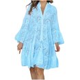 thumbnail image 2 of Jienlioq Robe Femme Liquidation Mode Femme Col en V Uni Broderie Patchwork Dentelle Bouton Robe Manches Longues, 2 of 7