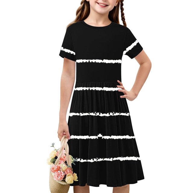 Soldes de Liquidation d'Été Iumwxz Robe Tunique Plissée Robe Ample Ligne A Robes Col Rond Rayé Graphique Robe à Manches Courtes pour Enfants Robes Tendance pour Cadeaux des Fêtes 4-14a