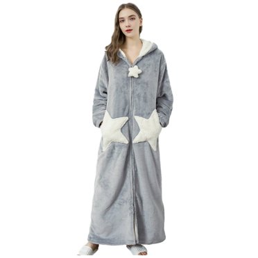 Womens Fleece Hooded Robe Plush Long Zip Front Sherpa Bathrobe Winter Warm Soft Zippered Bathrobes for Women Womens Clothes