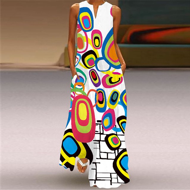 Robe Midi Robe Longue Décontractée pour Femme avec Poche Imprimé Floral Sans Manches Robe Maxi Robes d'Été pour Femmes en Liquidation