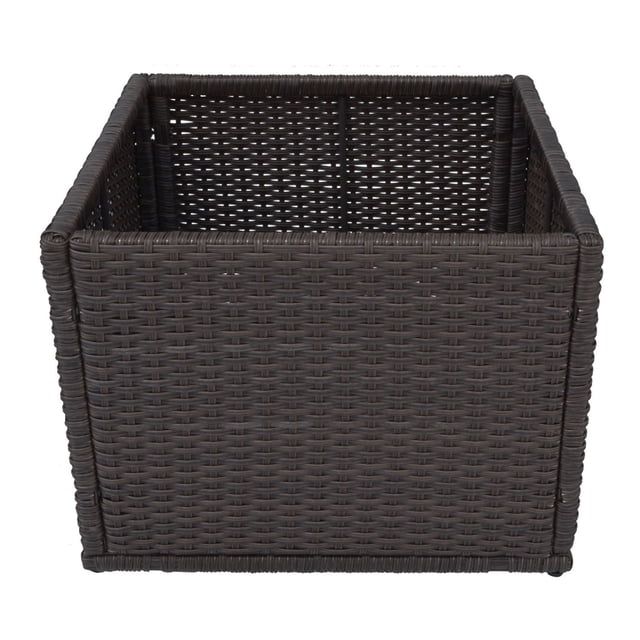 Canadian Spa Co. Straight Planter - Square Spa Surround Furniture is a square, open-top planter made of dark brown synthetic, weather-resistant rattan wicker, designed to complement square or rectangular spas and suitable for displaying plants outdoors.