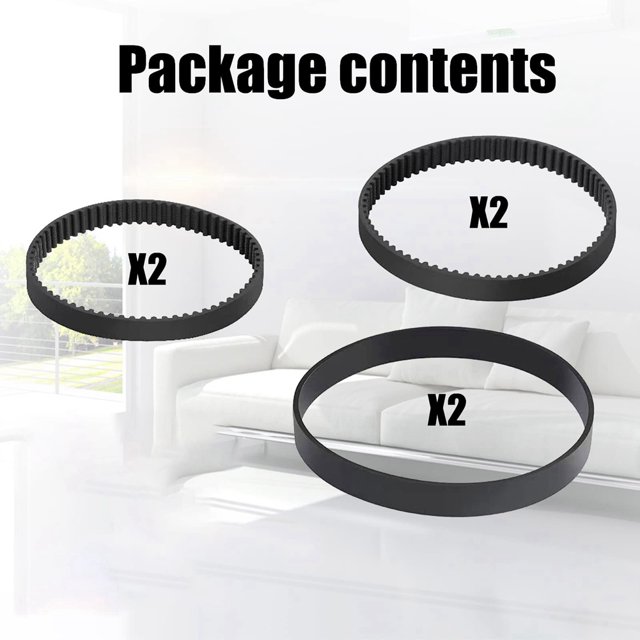 6PCS Replacement Vacuum Belt Set for ProHeat 2X Revolution Pet Pro Cleaner Models 1986, 1964, 2007, and 2007P. The set includes six black rubber belts: two smaller toothed belts (part number 1611130), two large pump belts (part number 1611129), and two flat large pulley belts (part number 1606428). Designed for compatibility with ProHeat 2X Revolution models, excluding PROHEAT models. The belts are durable, flexible, and easy to install, ensuring optimal vacuum performance. Displayed against a minimalistic white living room background.