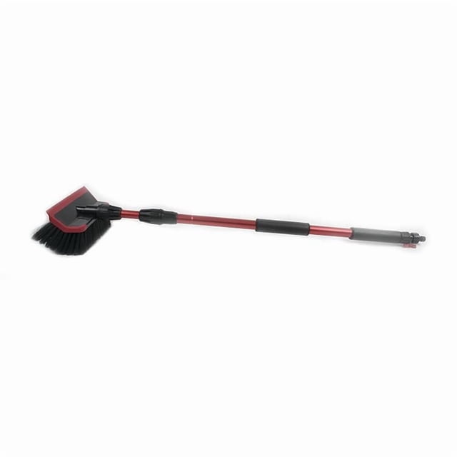 Prestige 65" Flow-Thru Wash Brush with a red extendable handle and black bristles, designed to connect to a hose for combined water and soap flow through the brush, ideal for efficient vehicle and outdoor surface cleaning.