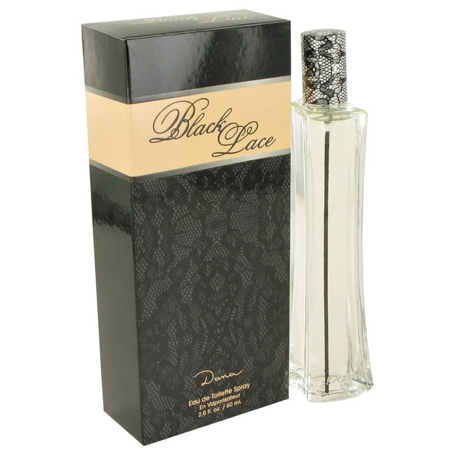 Black Lace Eau De Toilette Spray 2 oz Perfume for women, featuring a seductive and playful fragrance. The image shows a clear, elegantly curved glass bottle with a lace-patterned cap, placed next to its black and beige packaging adorned with a lace design and the Black Lace logo.