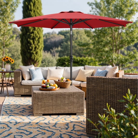 Parasol de Patio 7,5 Pi, Parasol de Table d'Extérieur pour Terrasse, avec 8 Baleines, Double Inclinaison, Base Non Incluse, Rouge