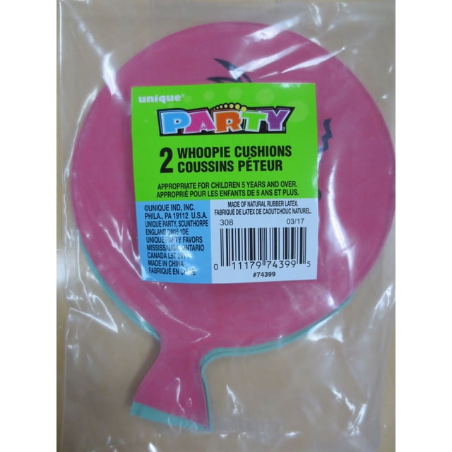 Party Eh! Whoopee Cushions Party Favours, 2ct, showing two pink natural rubber latex whoopee cushions in clear plastic packaging with a green label, suitable for children 5 years and older, ideal for birthday party pranks or party bag gifts, often used to add fun to kids' celebrations.