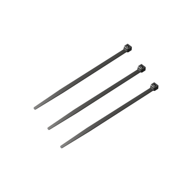Stanley 8 inch cable ties shown in a front-facing view, three black plastic zip ties each 20cm long with locking heads, ideal for bundling cables and organizing hardware in home improvement and rope accessory tasks.