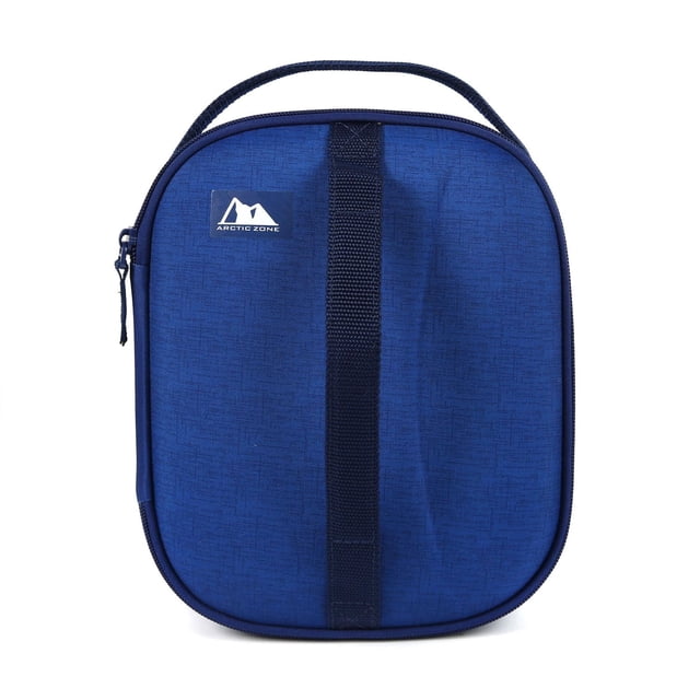 Arctic Zone Crush Resistant EVA molded Lunch Box in blue with textured fabric exterior, vertical black strap, top handle, and Arctic Zone logo patch, featuring high density thermal insulation and Ultra Safe® easy clean lining for food storage.