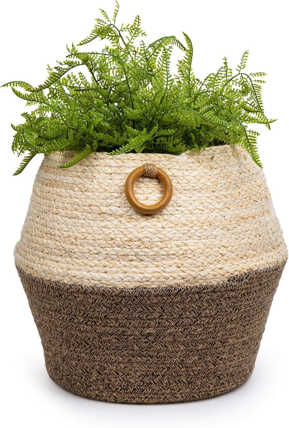 Truu Design Beautiful Woven Natural Jute Rope Planter Basket with Handles, 9.8 x 12.2 inches, Neutral