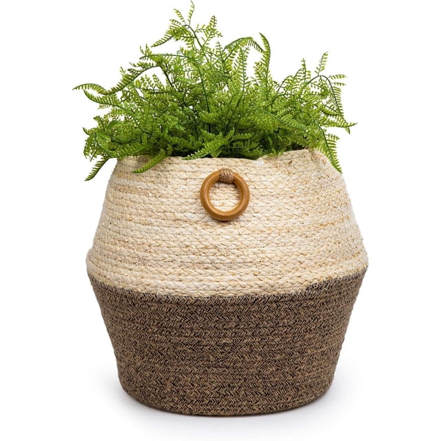 Truu Design Beautiful Woven Natural Jute Rope Planter Basket with Handles, 9.8 x 12.2 inches, Neutral