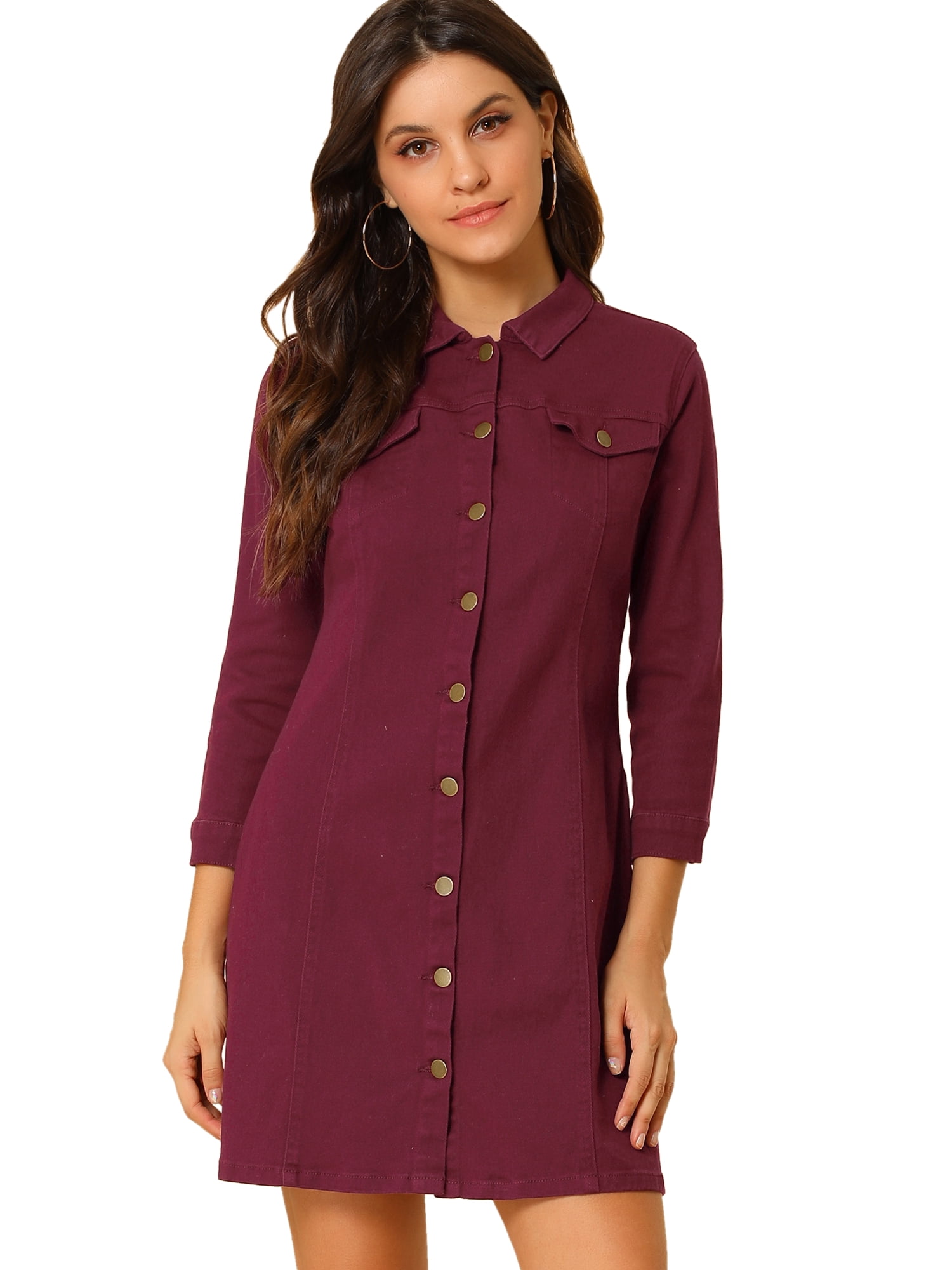 INSPIRE CHIC Robe-Chemise Ajustée en Denim pour Femmes à Manches 3/4 Boutonnée