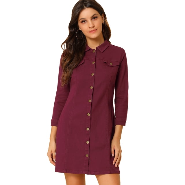 INSPIRE CHIC Robe-Chemise Ajustée en Denim pour Femmes à Manches 3/4 Boutonnée