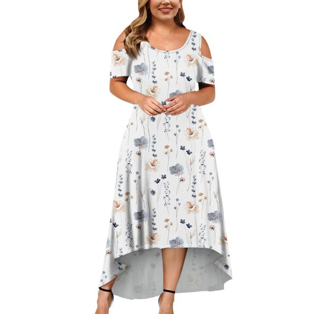 JULMCOMO Robes Grande Taille pour Femmes 5x Robe d'Été à Épaules Dénudées pour Invitée de Mariage Tendance à Imprimé Floral à Manches Courtes Col Ras du Cou Longue Robe Violet 5TG