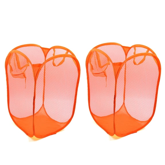 Unique Bargains 2pcs Orange Mesh Bag Foldable Dirty Clothes Storage Laundry Basket Organizer