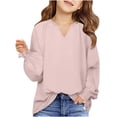thumbnail image 1 of MeetoTime Girls Solid Color Loose Puff Sleeve Long Sleeve V-neck Top Spring Fall Kids Shirt 6-16 Years, 1 of 7