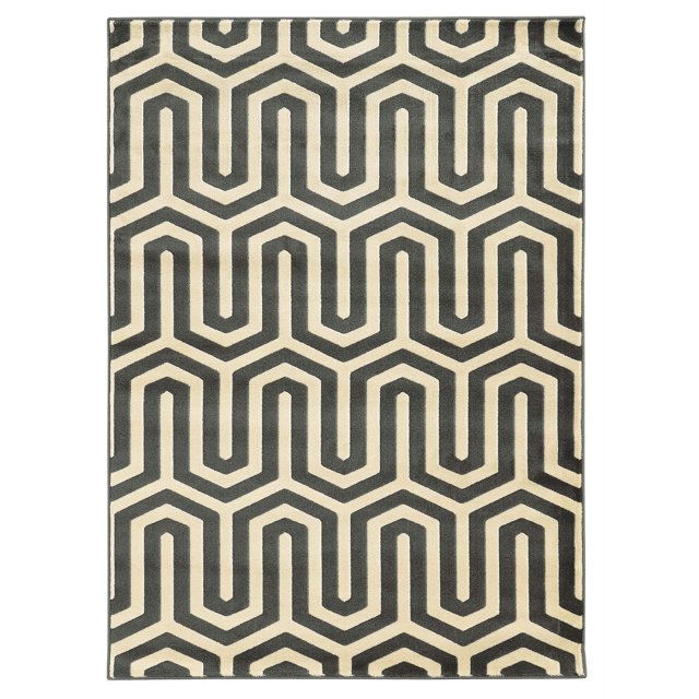 Tapis Rectangulaire 5X7 ROMA TANGENT CHA avec Motif Géométrique Moderne Charbon et Gris sur Fond Neutre, Fabriqué en Polypropylène 100 % avec texture Tissée Mécaniquement et Endos en latex, Mesurant 5 par 7 Pieds 6 Pouces, Convient pour Accentuer les Espaces de Vie et Est Souvent Utilisé comme Tapis de Sol Décoratif.