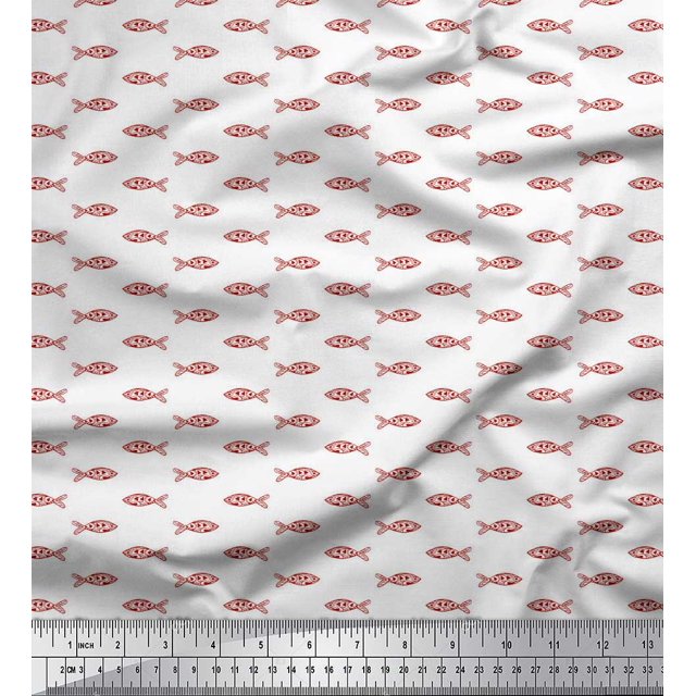 Soimoi Red Cotton Cambric Fabric Fish Ocean Print Sewing Fabric Yard 56 Inch Wide