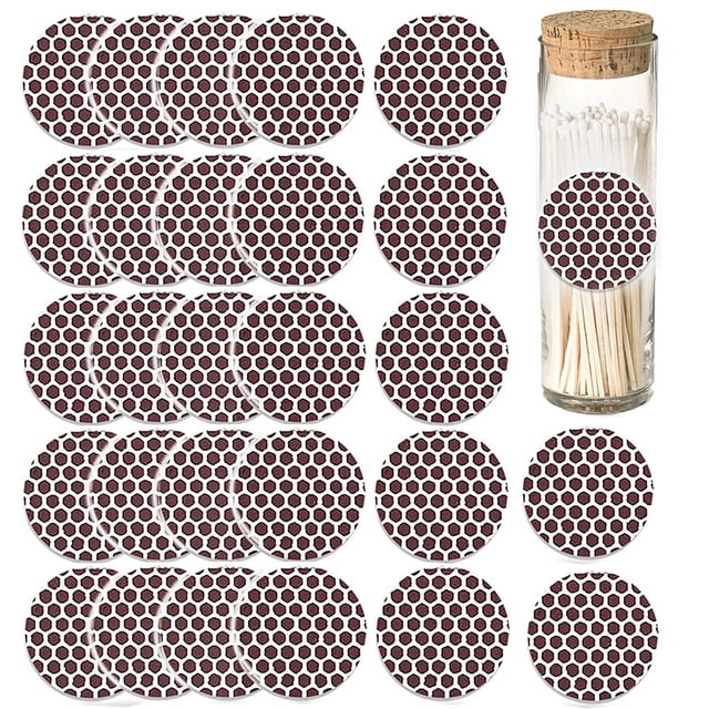Lefu Round Matches Sticker Strip Matchstick Paper DIY Striker Adhesive Accessories featuring multiple circular striker papers with a red and white hexagonal pattern. The set includes a glass jar with a cork lid containing matchsticks, showcasing the adhesive striker paper applied to the jar. Designed for camping and DIY projects, the striker paper measures 21.5x12cm and is made of durable paper for reliable use.