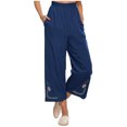 thumbnail image 2 of Womens Wide Leg Cropped Pants Cotton Linen Elastic High Waisted Palazzo Pants with Pockets Blue, 2 of 7